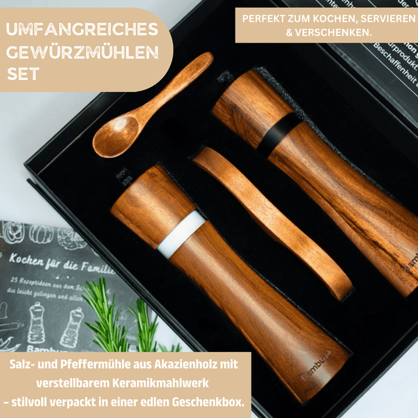 Salz und Pfeffermühlen aus Akazienholz - Gewürzmühle Groß 5 - Teilig | Geschenkset inkl. Rezeptbuch - Bambuna