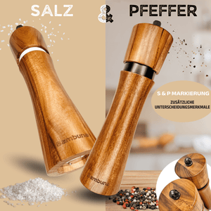 Salz und Pfeffermühlen aus Akazienholz - Gewürzmühle Groß 5 - Teilig | Geschenkset inkl. Rezeptbuch - Bambuna