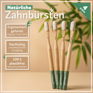 Bambus Zahnbürsten - Mittel - 4er Set  | inkl. Reiseetui und Zahnseide