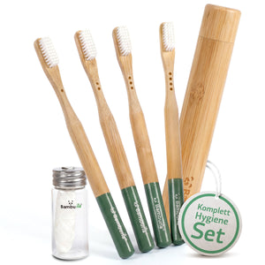 Bambus Zahnbürsten - Mittel - 4er Set  | inkl. Reiseetui und Zahnseide