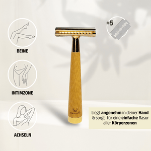 Bambus Rasierhobel - Gold Edition | inkl. 5 Klingen und E - Book - Bambuna