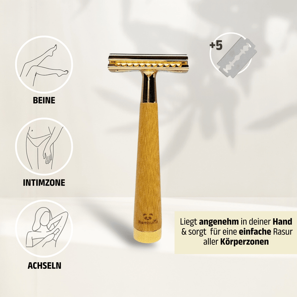 Bambus Rasierhobel - Gold Edition | inkl. 5 Klingen und E - Book - Bambuna