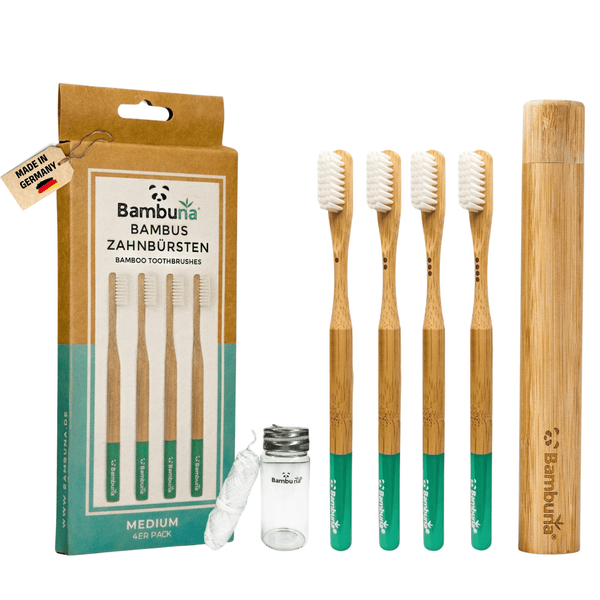 Bambus Zahnbürsten - Mittel - 4er Set | inkl. Reiseetui und Zahnseide - Bambuna