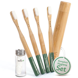 Bambus Zahnbürsten - Mittel - 4er Set | inkl. Reiseetui und Zahnseide - Bambuna