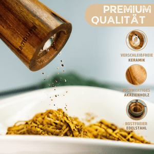 Salz und Pfeffermühlen aus Akazienholz - Gewürzmühle Groß 5 - Teilig | Geschenkset inkl. Rezeptbuch - Bambuna