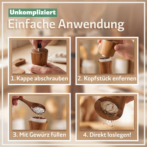 Salz und Pfeffermühlen aus Akazienholz - Gewürzmühle Groß 5 - Teilig | Geschenkset inkl. Rezeptbuch - Bambuna