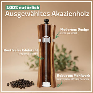 Salz und Pfeffermühlen aus Akazienholz - Gewürzmühle Groß 5 - Teilig | Geschenkset inkl. Rezeptbuch - Bambuna