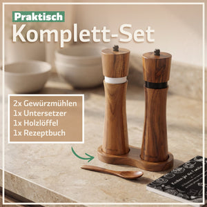 Salz und Pfeffermühlen aus Akazienholz - Gewürzmühle Groß 5 - Teilig | Geschenkset inkl. Rezeptbuch - Bambuna