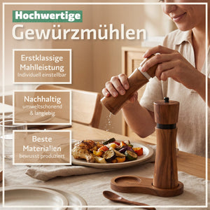 Salz und Pfeffermühlen aus Akazienholz - Gewürzmühle Groß 5 - Teilig | Geschenkset inkl. Rezeptbuch - Bambuna
