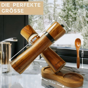Salz und Pfeffermühlen aus Akazienholz - Gewürzmühle Groß 5 - Teilig | Geschenkset inkl. Rezeptbuch - Bambuna