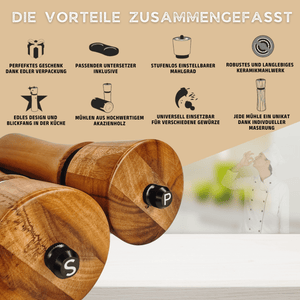 Salz und Pfeffermühlen aus Akazienholz - Gewürzmühle Groß 5 - Teilig | Geschenkset inkl. Rezeptbuch - Bambuna