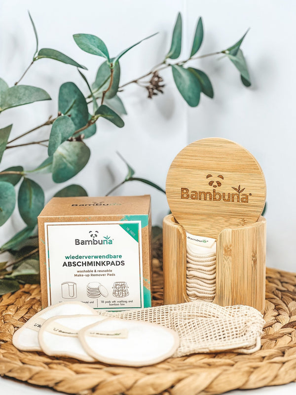 18 wiederverwendbare Premium Abschminkpads aus Bambus | waschbar inkl. Aufbewahrungsbox - Bambuna