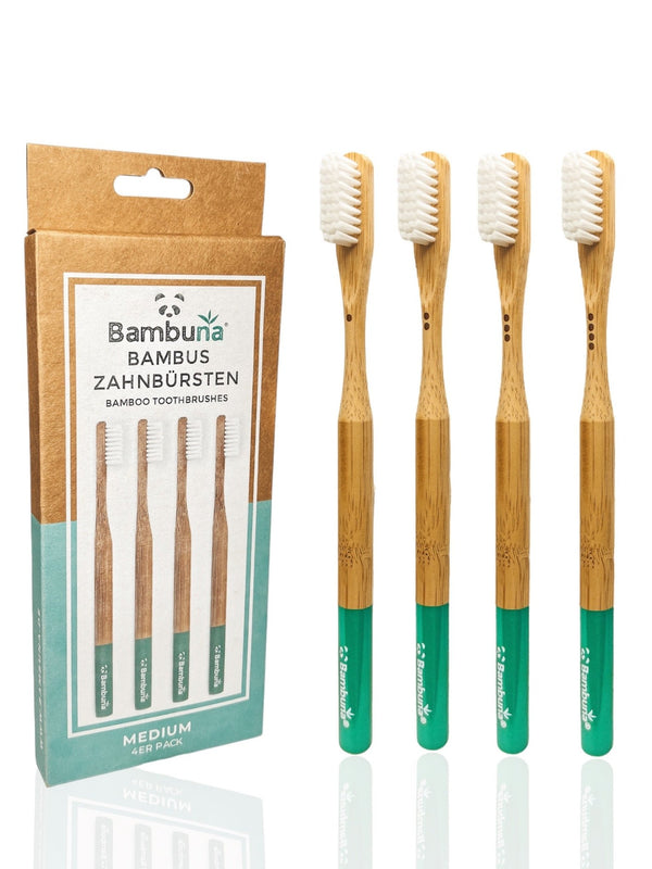 Bambus Zahnbürsten - Mittel - 4er Set | inkl. Reiseetui und Zahnseide - Bambuna