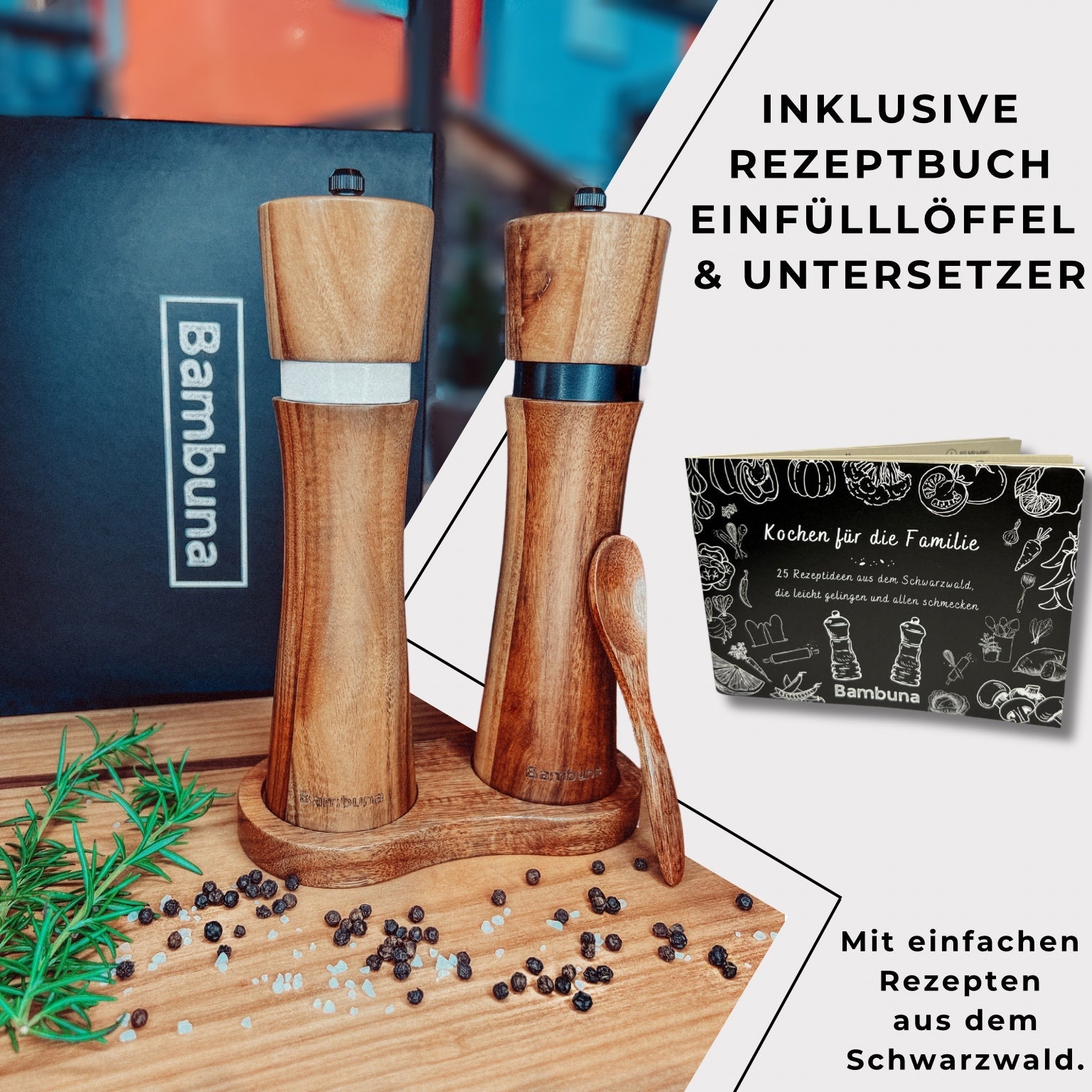 Pfeffermühlen Set Geschenkset – inkl. | Gewürzmühle Bambuna Rezeptbuch aus Holz